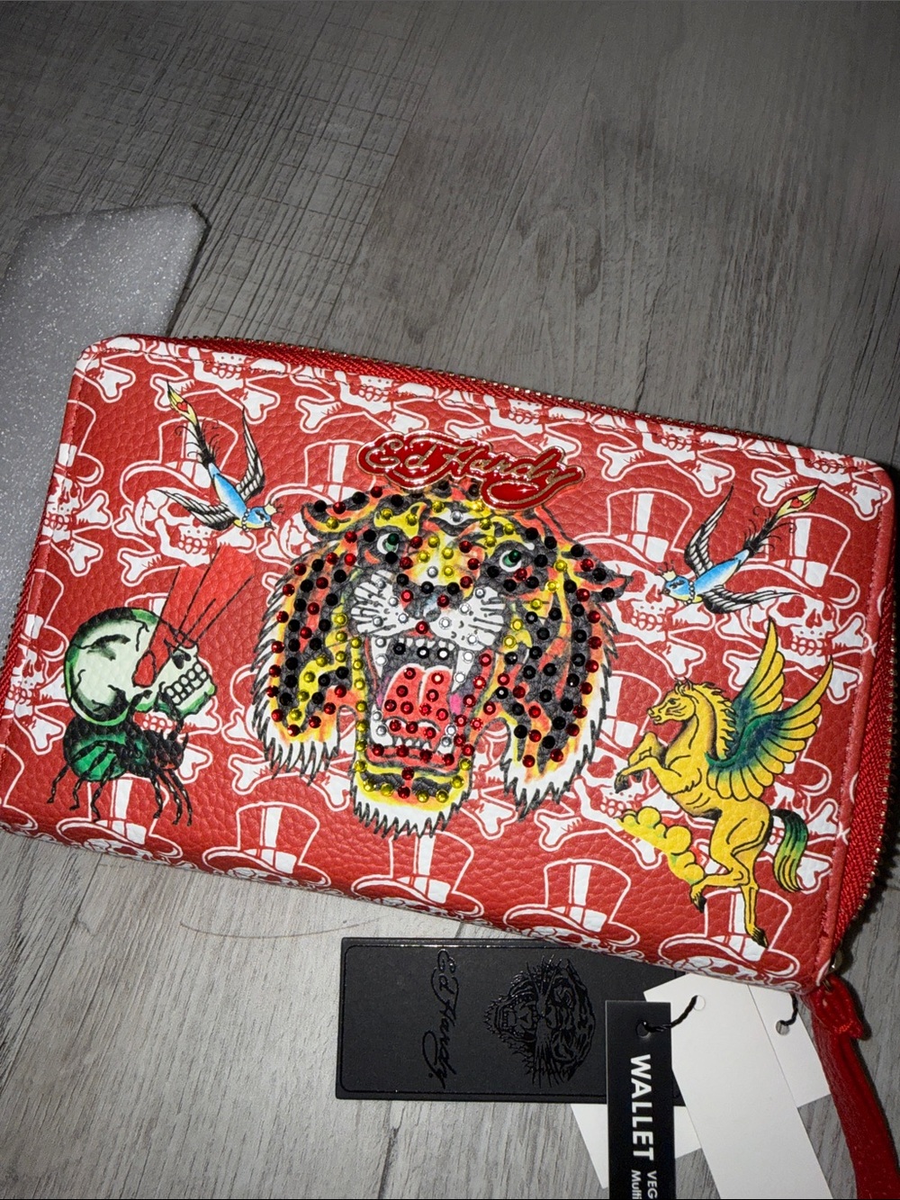 Ed Hardy Red Tattoo-Inspired Studded Tiger Zip Wallet